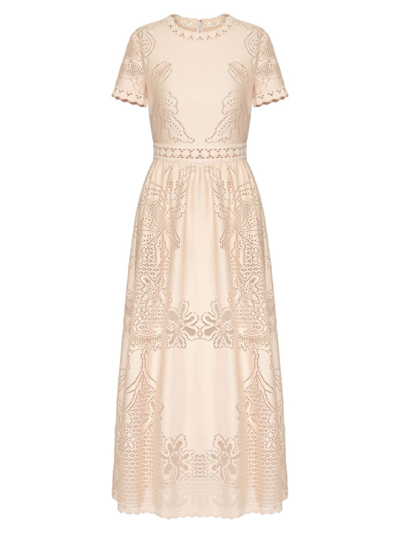 Valentino Women's Midi Dress In Cotton Guipure Jardin Plat In Poudre