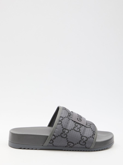 Gucci Slider Sandals With Gg Motif In Grey