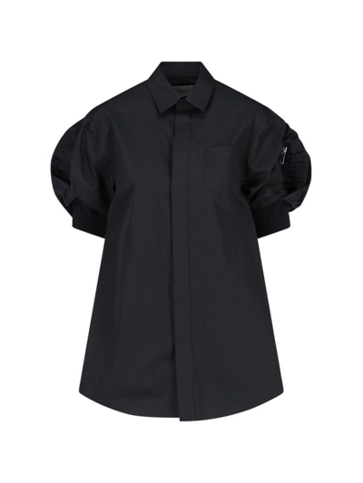 Sacai Short Puff Sleeved Mini Shirt Dress In Black