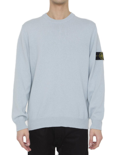 Stone Island Logo Patch Crewnck Knitted Jumper In Blue