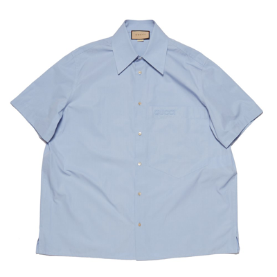 Gucci Logo Embroidered Poplin Shirt In Blue