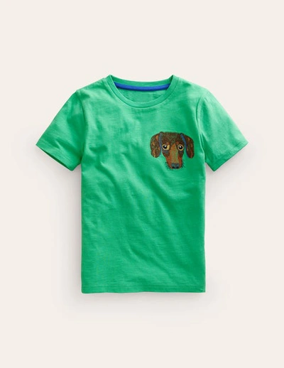 Mini Boden Kids' Superstitch Logo T-shirt Pea Green Dog Boys Boden