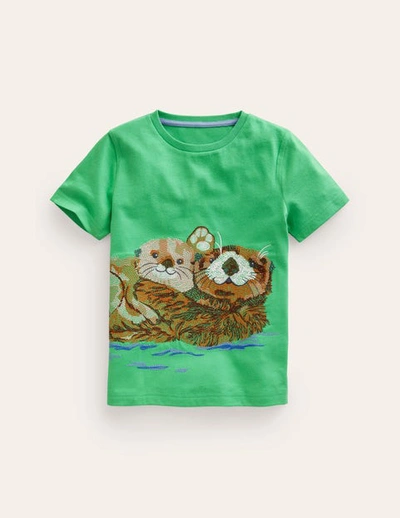 Mini Boden Kids' Superstitch Animal T-shirt Pea Green Otters Boys Boden