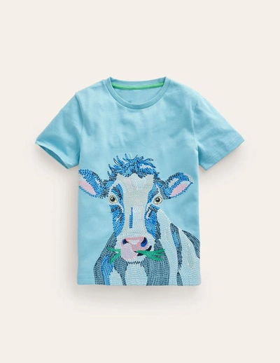 Mini Boden Kids' Superstitch Animal T-shirt Dephinium Blue Cow Boys Boden