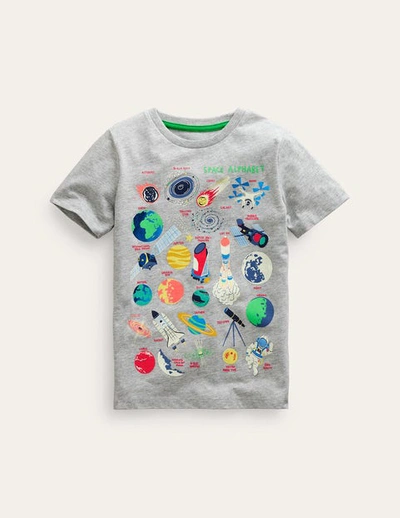 Mini Boden Kids' Glow Space Educational T-shirt Grey Marl Space Alphabet Boys Boden