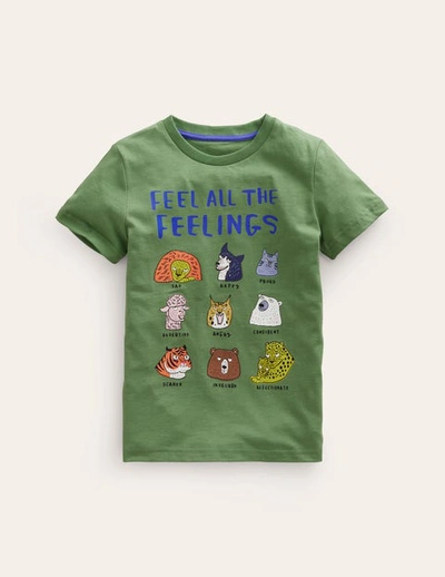 Mini Boden Kids' Feel The Feelings T-shirt Safari Green Animals Boys Boden