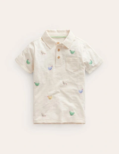 Mini Boden Kids' Embroidered Slubbed Polo Shirt Ivory Chicken Embroidery Boys Boden