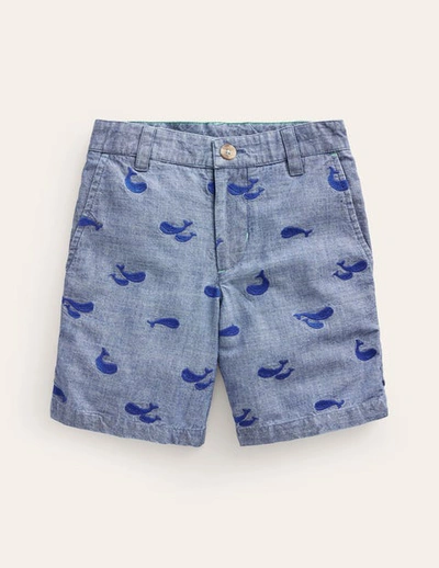 MINI BODEN EMBROIDERED CHINO SHORTS CHAMBRAY WHALE EMBROIDERY BOYS BODEN