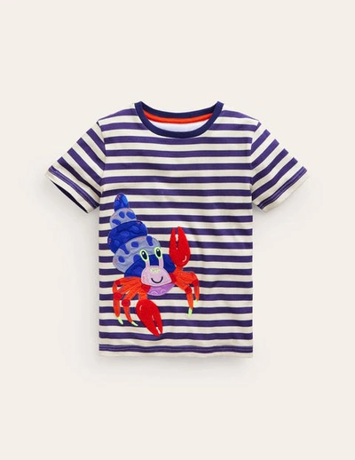 Mini Boden Kids' Appliqué Crab T-shirt Sapphire Blue/ivory Crabs Boys Boden