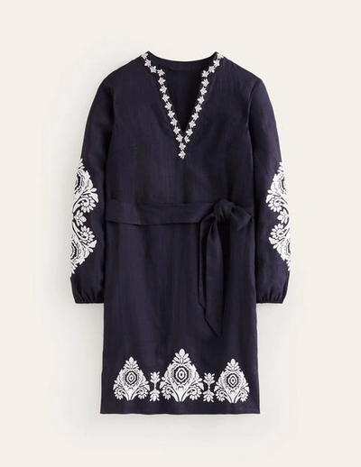 Boden Cleo Embroidered Long Sleeve Linen Dress In Navy White