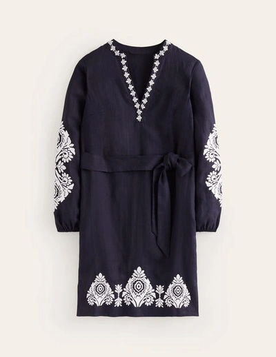 knee length dresses for ladies Navy Linen Front Pleated Zoe Dress