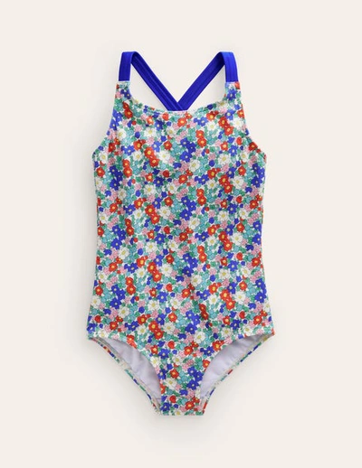 Mini Boden Kids' Cross-back Printed Swimsuit Nautical Floral Girls Boden In Multi