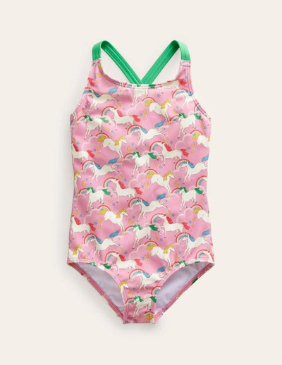Mini Boden Kids' Cross-back Printed Swimsuit Formica Pink Unicorns Girls Boden