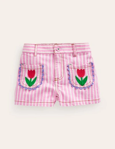 Mini Boden Kids' Patch Pocket Shorts Pink / Ivory Stripe Tulip Girls Boden