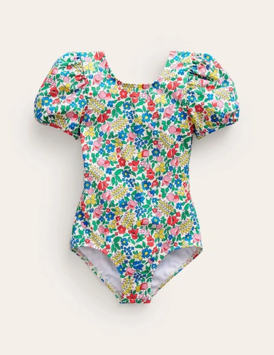 MINI BODEN PRINTED PUFF-SLEEVED SWIMSUIT MULTI FLOWERBED GIRLS BODEN