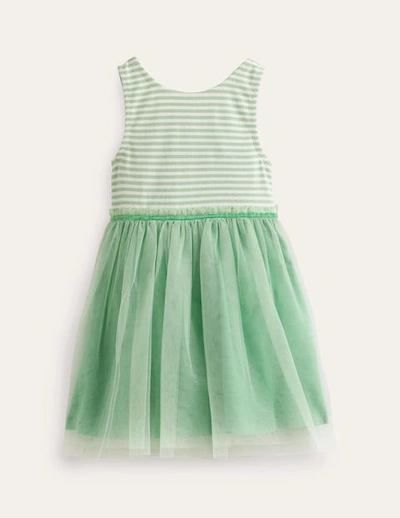 Mini Boden Kids' Jersey Tulle Mix Dress Pistachio Green / Ivory Stripe Girls Boden