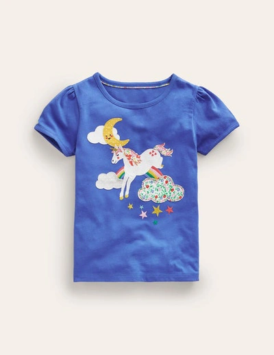 Mini Boden Kids' Puff Sleeve Appliqué T-shirt Bluejay Unicorn Girls Boden