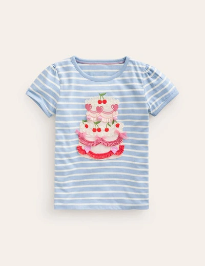 Mini Boden Kids' Puff Sleeve Appliqué T-shirt Vintage Blue/ivory Cake Girls Boden