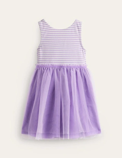 Mini Boden Kids' Jersey Tulle Mix Dress Misty Lavender / Ivory Stripe Girls Boden
