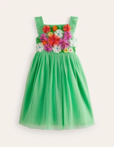 Mini Boden Kids' Appliqué Tulle Dress Pea Green Flowers Girls Boden