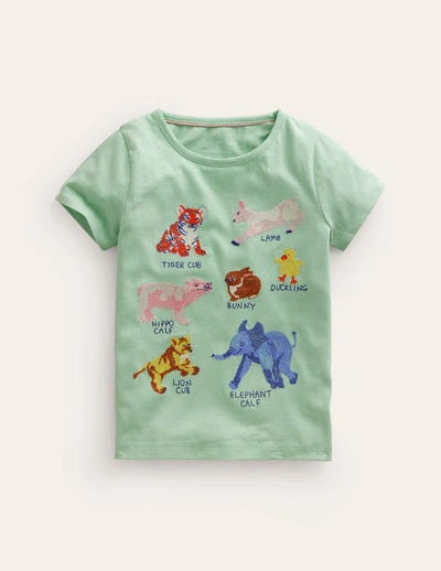 Mini Boden Kids' Superstitch Logo T-shirt Pistachio Green Animals Girls Boden