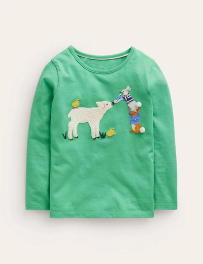 Mini Boden Kids' Puff Sleeve Appliqué T-shirt Aloe Green Lamb Girls Boden