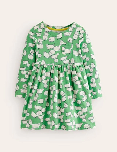 Mini Boden Kids' Long Sleeve Fun Jersey Dress Aloe Green Sheep Girls Boden