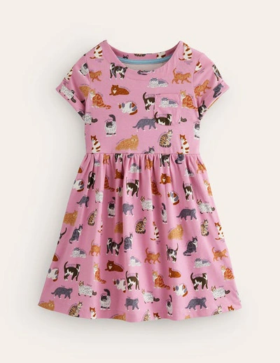 Mini Boden Kids' Short-sleeved Fun Jersey Dress Formica Pink Cats Girls Boden