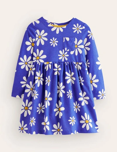 Mini Boden Kids' Long Sleeve Fun Jersey Dress Sapphire Blue Daisies Girls Boden