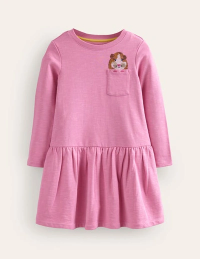Mini Boden Kids' Embroidered Sweat Dress Cosmos Pink Guinea Pig Girls Boden