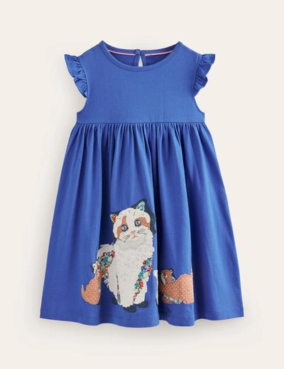 Mini Boden Kids' Frill Sleeve Appliqué Dress Bluejay Cats Girls Boden