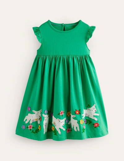 Mini Boden Kids' Frill Sleeve Appliqué Dress Pea Green Sheep Girls Boden