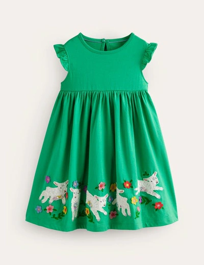Mini Boden Kids' Frill Sleeve Appliqu Dress Pea Green Sheep Girls Boden |  ModeSens
