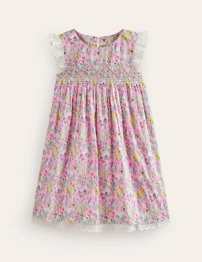 Mini Boden Kids' Smocked Lace Trim Dress Sweet Pea Bunny Meadow Girls Boden