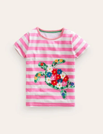 Mini Boden Kids' Short Sleeve Appliqué T-shirt Cosmos Pink/ivory Turtle Girls Boden