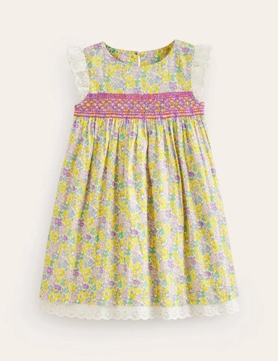 Mini Boden Kids' Smocked Lace Trim Dress Yellow Spring Bloom Girls Boden