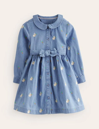 Mini Boden Kids' Embroidered Shirt Dress Chambray Bunnies Girls Boden