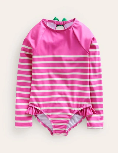 Mini Boden Kids' Long Sleeve Frilly Swimsuit Pink, Ivory Stripe Girls Boden
