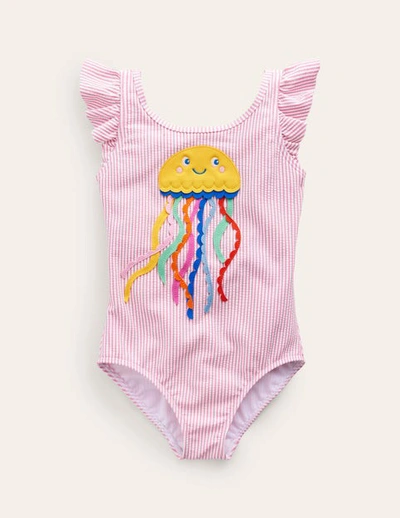 Mini Boden Kids' Logo Flutter Sleeve Swimsuit Pink Ticking Jellyfish Girls Boden