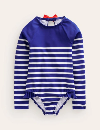 Mini Boden Kids' Long Sleeve Frilly Swimsuit Sapphire Blue, Ivory Stripe Girls Boden