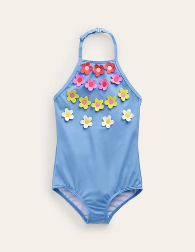 Mini Boden Kids' Halterneck Flutter Swimsuit Blue Multi Flower Girls Boden