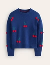 BODEN HAND EMBROIDERED SWEATER NAVY PEONY, CHERRIES WOMEN BODEN