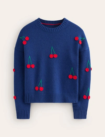 Boden Hand Embroidered Sweater Navy Peony, Cherries Women