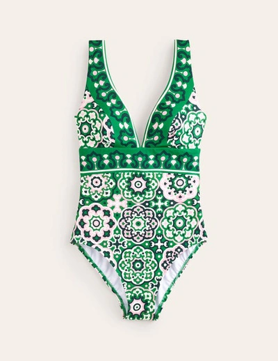 Boden Porto V-neck Swimsuit Green, Artisian Geo Women