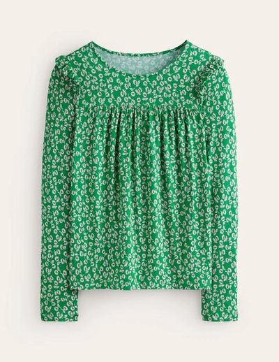 Boden Frill Detail Long Sleeve Top Green Tambourine, Ditsy Bud Women