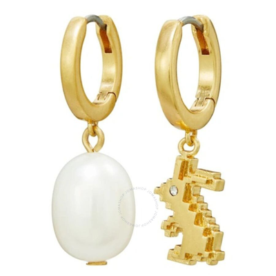 Tory Burch Pave Rabbit And Cultured Freshwater Pearl Mismatch Charm Hoop Earrings In Rolled Gold