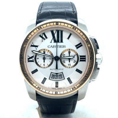 Cartier Calibre De  Chronograph Silver Dial Men's Watch W7100043 In Black / Gold / Gold Tone / Pink / Rose / Rose Gold / Rose Gold Tone / Silver / Skeleton