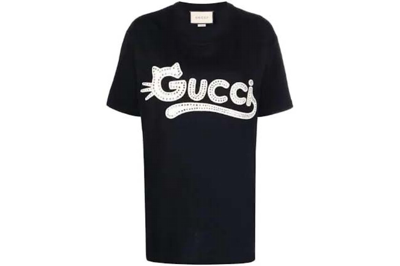 Pre-owned Gucci Rhinestone Logo T-shirt Black