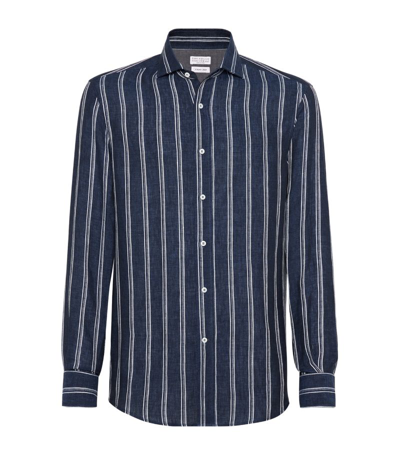 Brunello Cucinelli Striped Chambray Linen Shirt In Blue