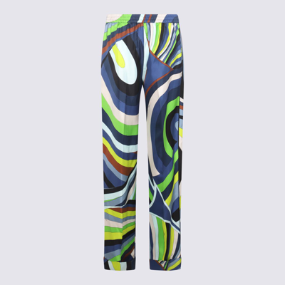 Pucci Multicolour Silk Marmo Print Pants In Verde/avio